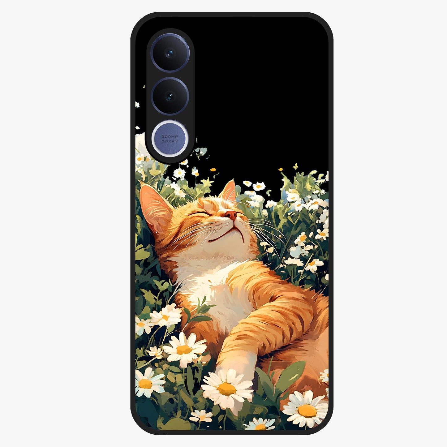 Blissful Bloom Cat Glass Case showing flat back view with cute cat and floral bloom artwork and glossy glass finish.