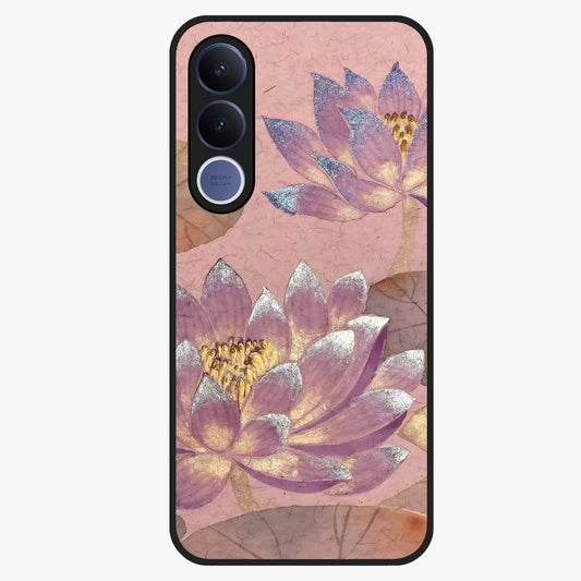 Blossom Mist Lotus Glass Case showing flat back view with serene lotus blossom artwork and glossy glass finish.