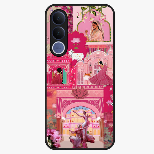 Blossoms of Rajasthan Glass Case showing flat back view with traditional floral artwork inspired by Rajasthan and glossy glass finish.