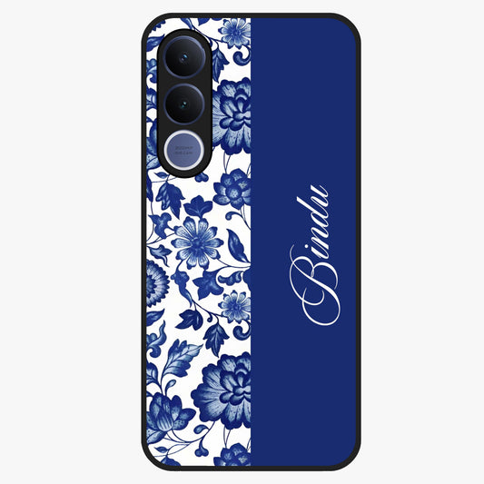 Blue Vintage Floral Pattern Glass Case upright view showcasing timeless floral illustration with vintage inspired style.