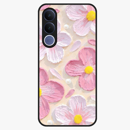 Blush Bloom Texture Glass Case showing flat back view with soft blush floral texture artwork and glossy glass finish.