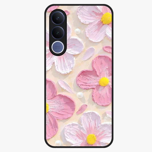 Blush Bloom Texture Glass Case showing flat back view with soft blush floral texture artwork and glossy glass finish.