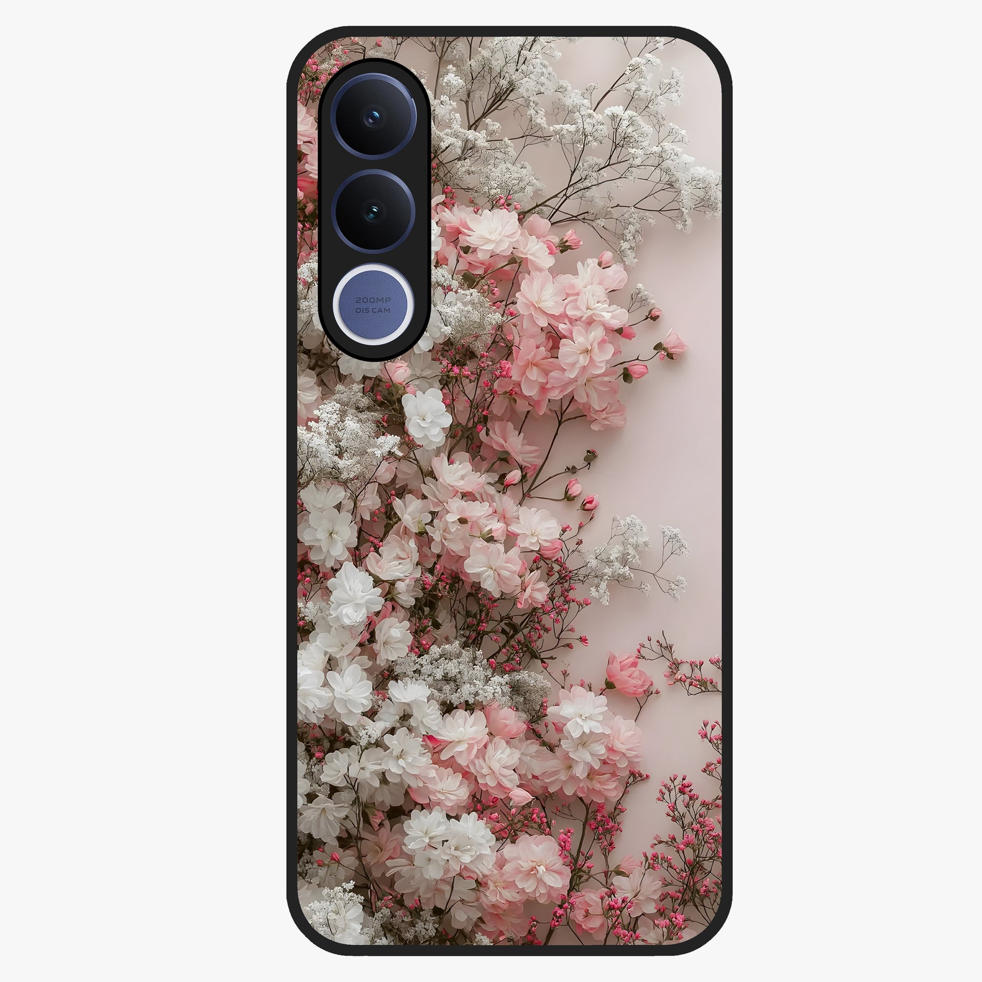 Blush Blossom Cloud Glass Case showing flat back view with dreamy blush cloud blossom artwork and glossy glass finish.