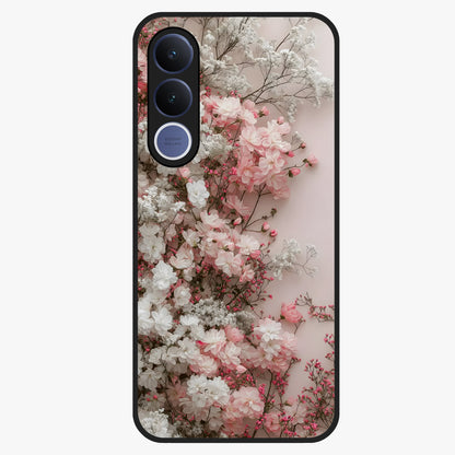 Blush Blossom Cloud Glass Case showing flat back view with dreamy blush cloud blossom artwork and glossy glass finish.