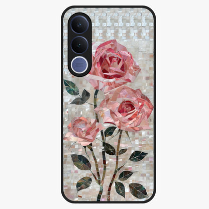 Blush Mosaic Bloom Glass Case showing flat back view with mosaic floral bloom artwork and glossy glass finish.