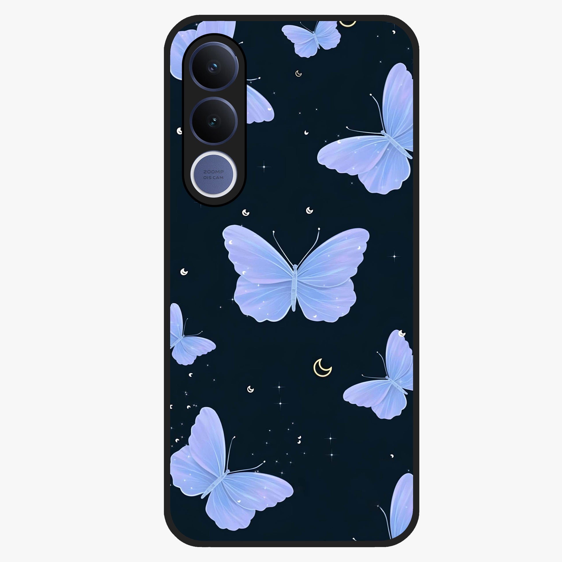 Butterfly With Stars Pattern Glass Case showing flat back view with butterfly and star pattern artwork and glossy glass finish.