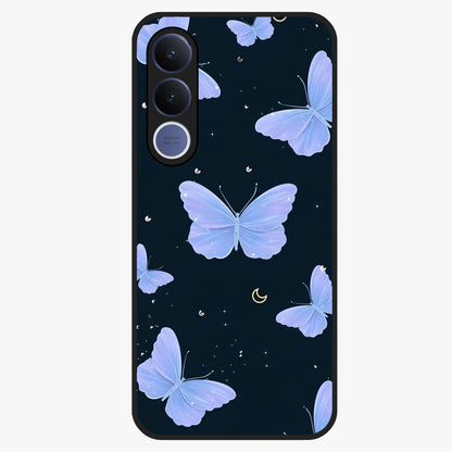 Butterfly With Stars Pattern Glass Case showing flat back view with butterfly and star pattern artwork and glossy glass finish.