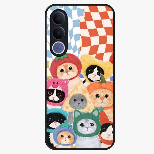 Cats in Fruits Glass Case showing flat back view with playful cat illustrations inside fruit artwork and glossy glass finish.