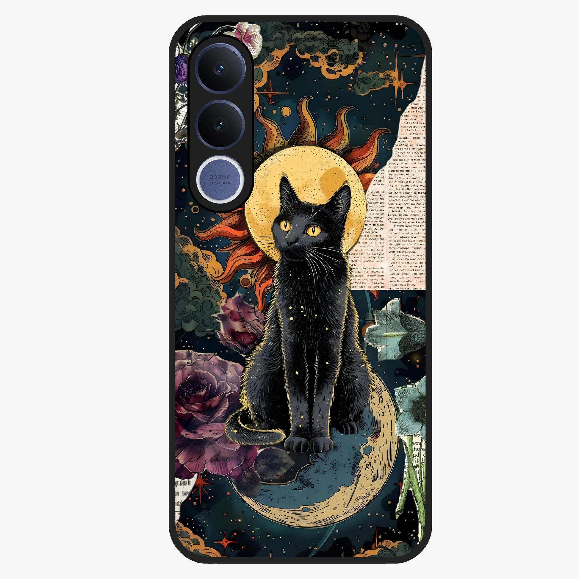 Celestial Black Cat Glass Case showing flat back view with mystical black cat artwork and glossy glass finish.