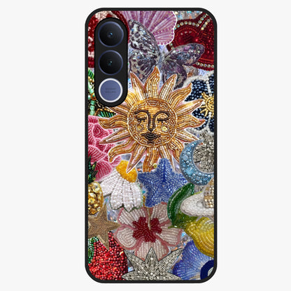 Celestial Floral and Playful Glass Case showing flat back view with floral and celestial themed artwork and glossy glass finish.