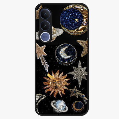 Celestial Gem Constellations Glass Case showing flat back view with sparkling constellation artwork and glossy glass finish.