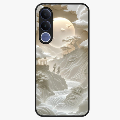 Celestial Origami Glass Case showing flat back view with artistic origami inspired celestial artwork and glossy glass finish.