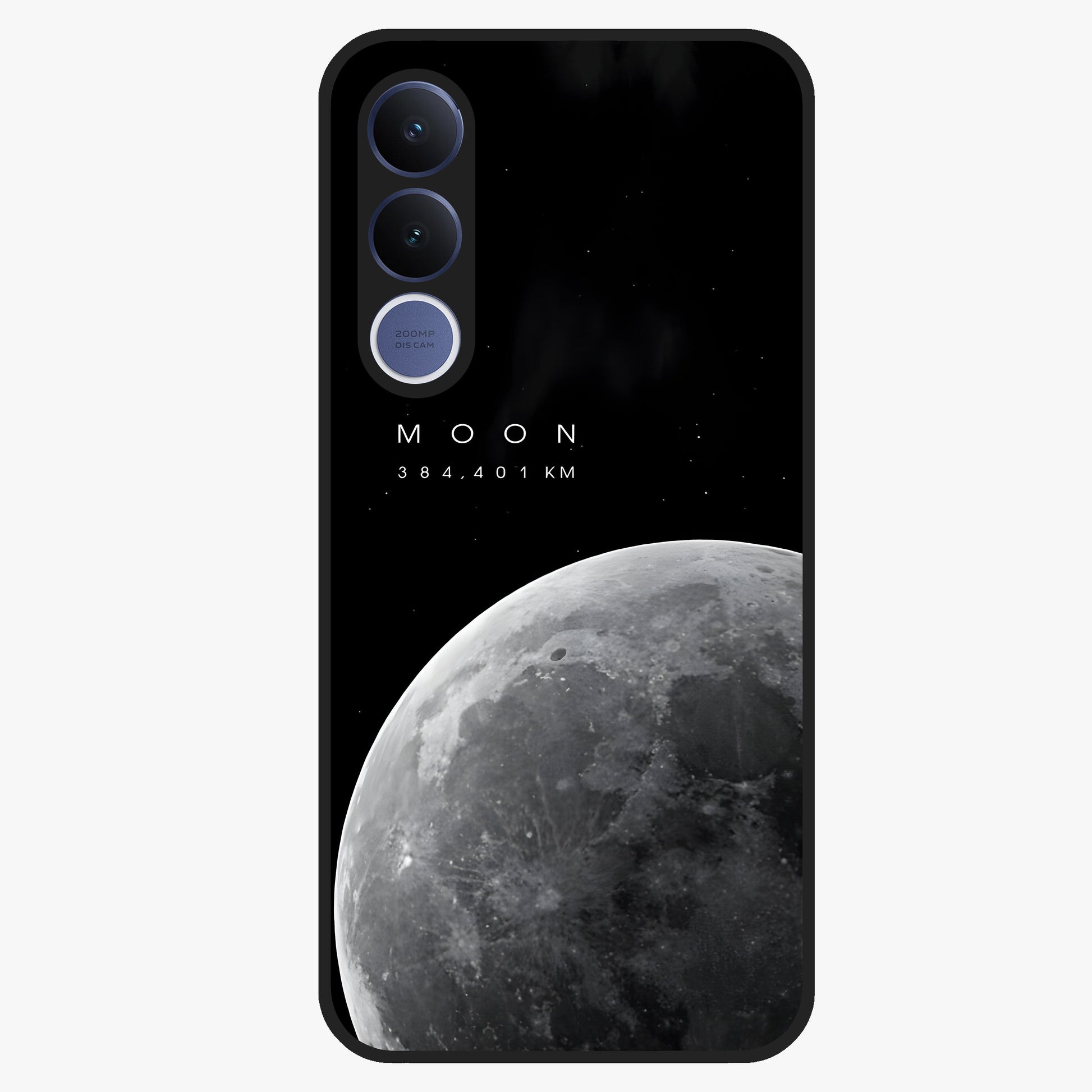 Cosmic Moon Glow Glass Case showing flat back view with glowing moon artwork and glossy glass finish.