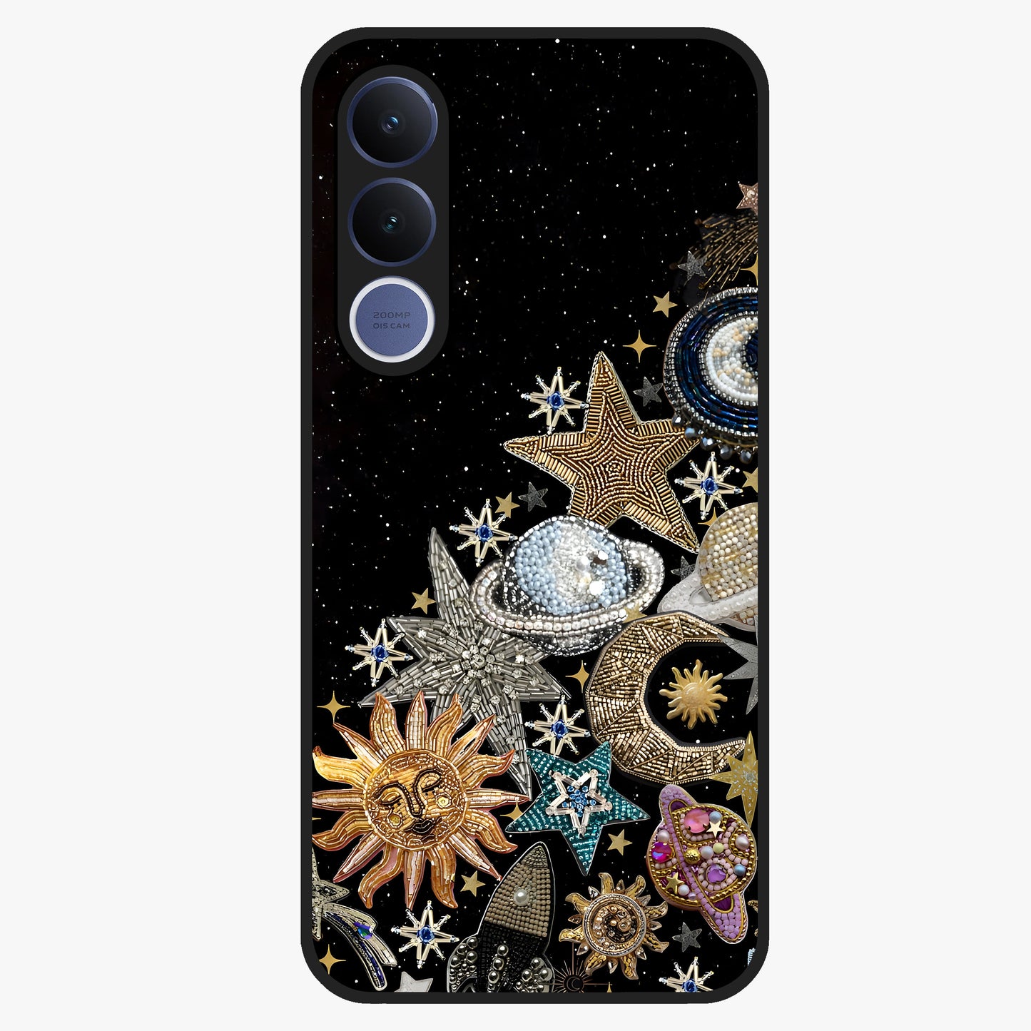 Cosmic Sparkle Dreams Glass Case showing flat back view with sparkling cosmic artwork and glossy glass finish.
