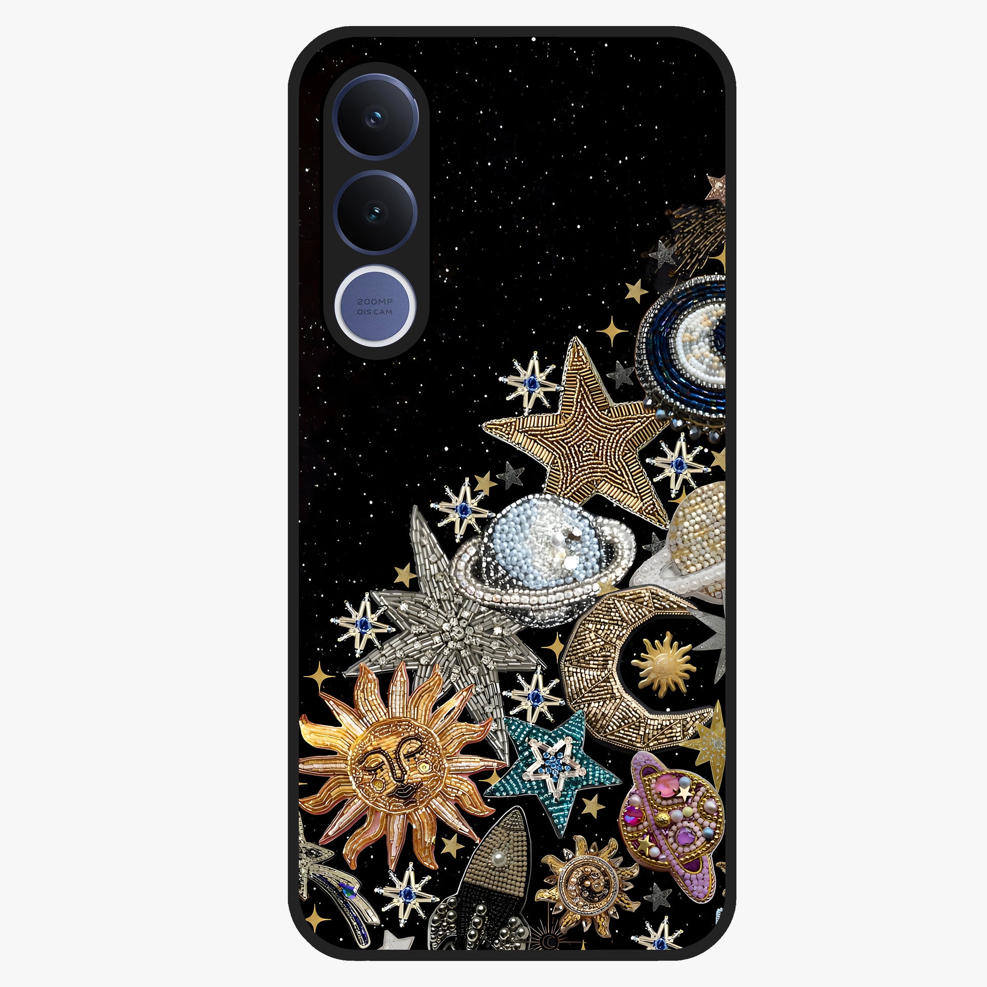 Cosmic Sparkle Dreams Glass Case showing flat back view with sparkling cosmic artwork and glossy glass finish.