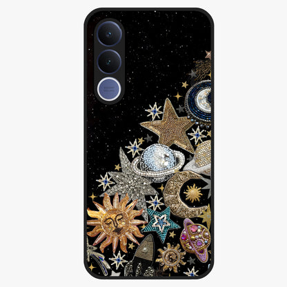 Cosmic Sparkle Dreams Glass Case showing flat back view with sparkling cosmic artwork and glossy glass finish.