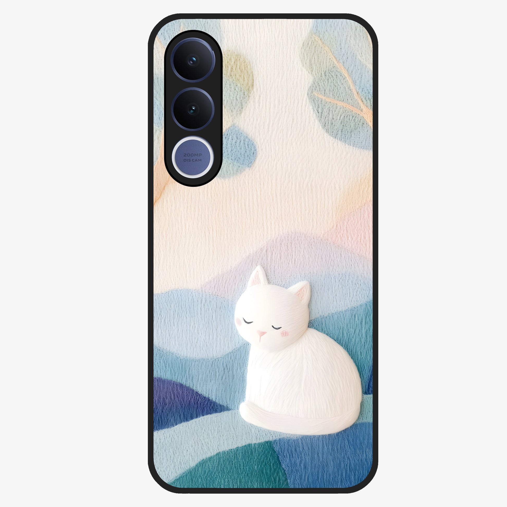 Cotton Dream Cat Glass Case showing flat back view with soft dreamy cat artwork and glossy glass finish.
