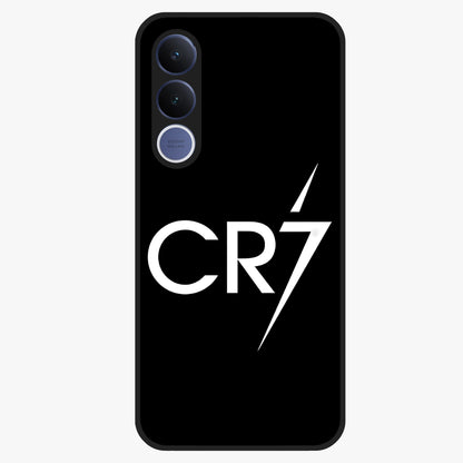Cr7 Elite Strike Glass Case showing flat back view with dynamic football inspired artwork and glossy glass finish.