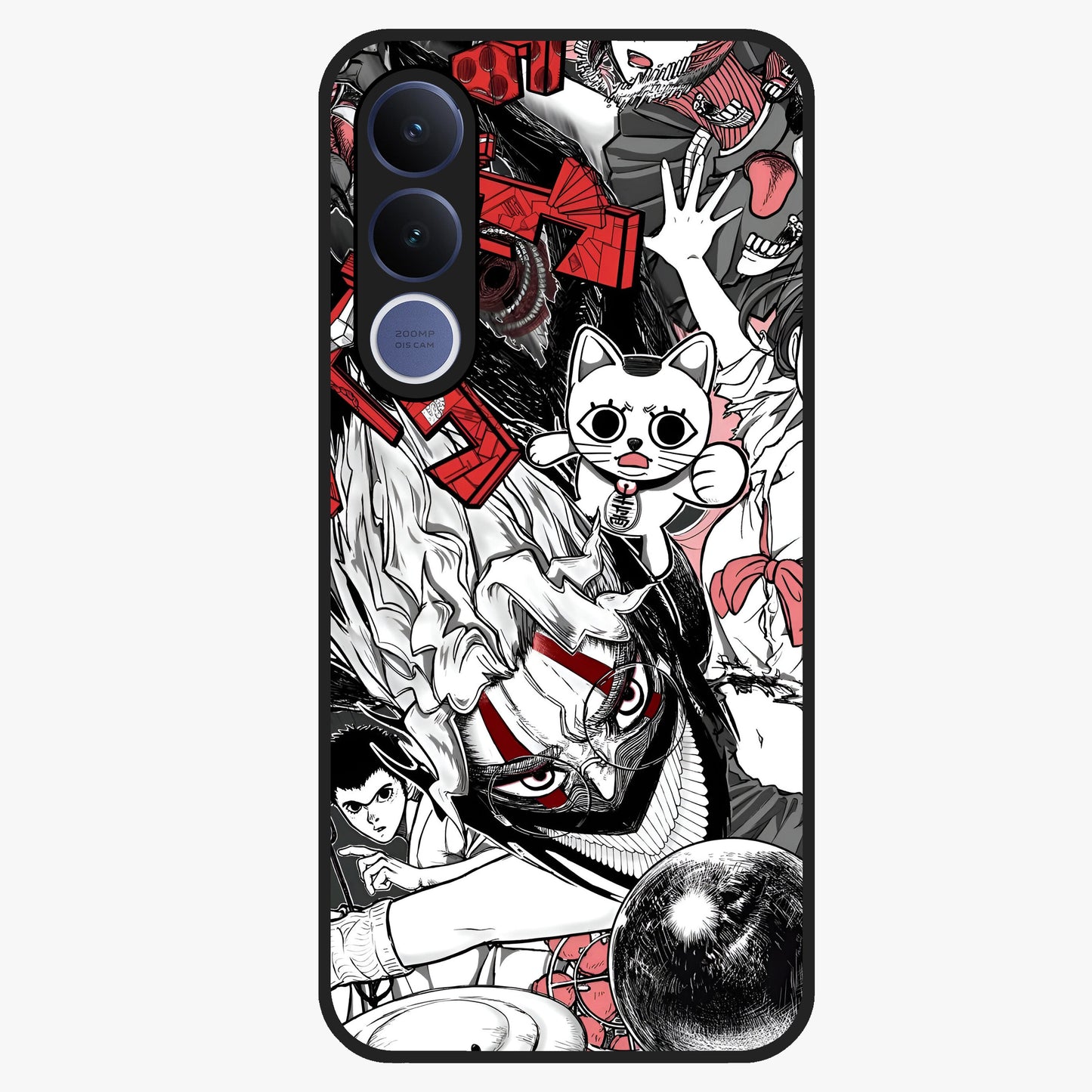 Crimson Chaos Panel Glass Case showing flat back view with bold crimson abstract artwork and glossy glass finish.