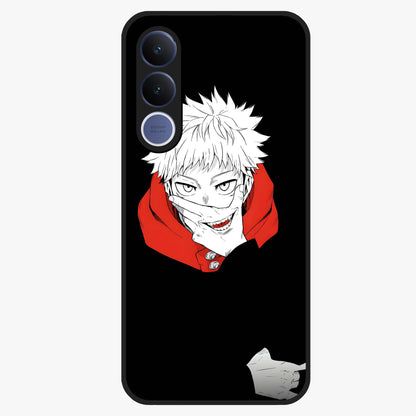 Crimson Chaos Smile Glass Case showing flat back view with bold chaotic smile artwork and glossy glass finish.