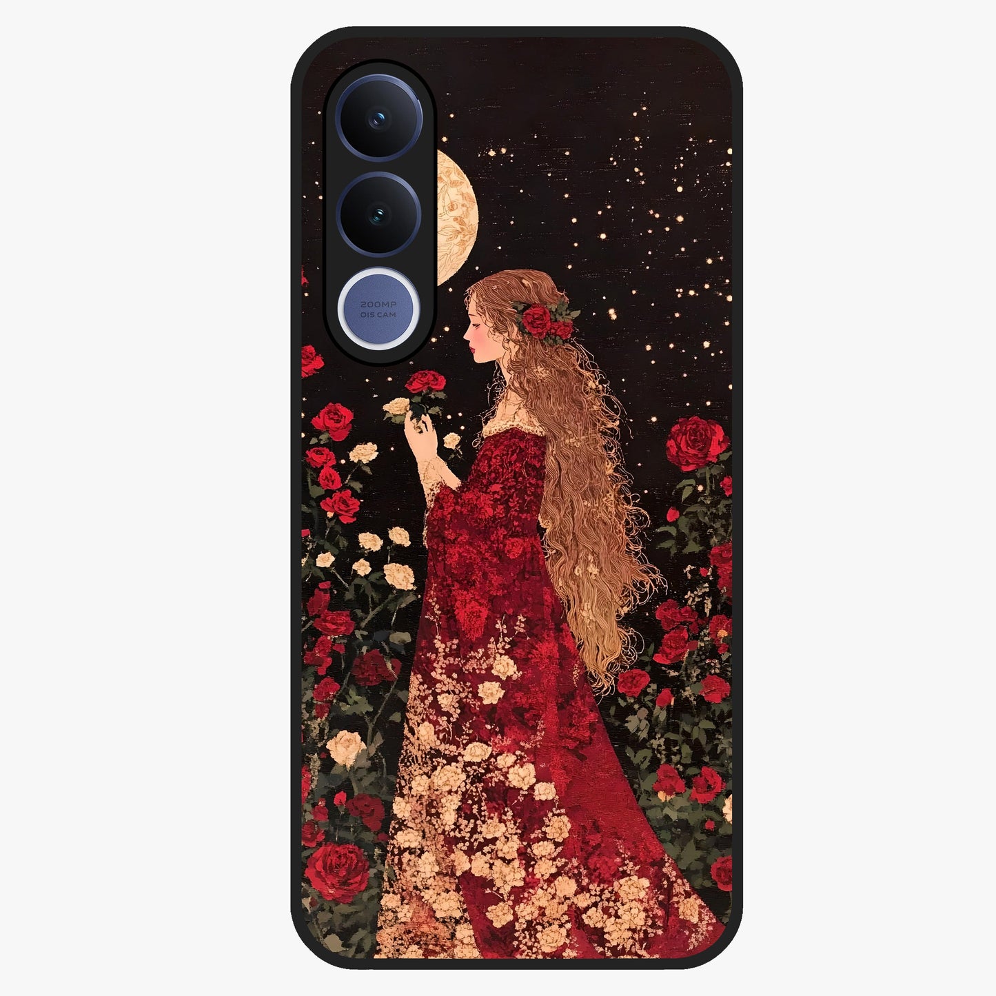 Crimson Dreams Glass Case showing flat back view with dreamy crimson artwork and glossy glass finish.