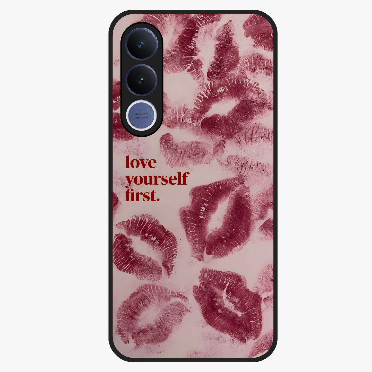 Crimson Kiss Love Glass Case showing flat back view with romantic crimson themed artwork and glossy glass finish.