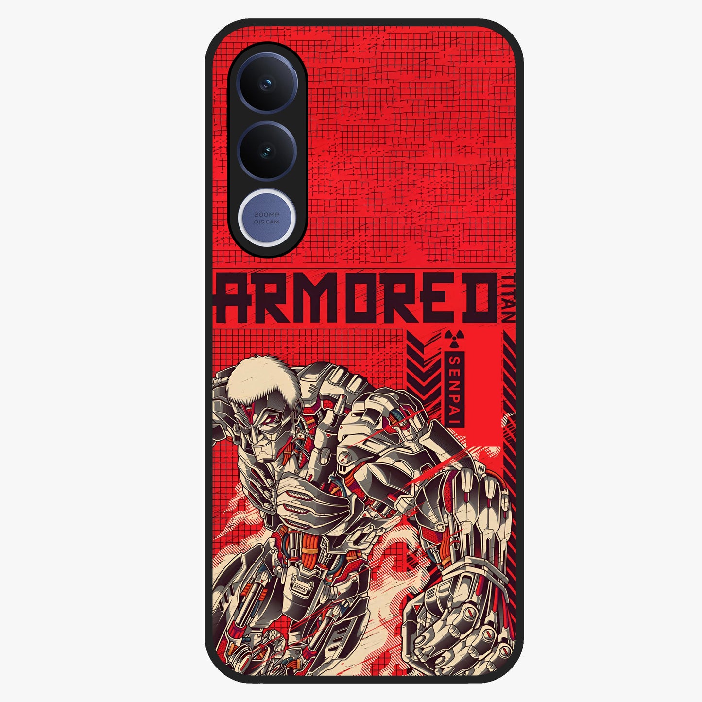 Crimson Mecha Titan Glass Case showing flat back view with powerful mech titan artwork and glossy glass finish.