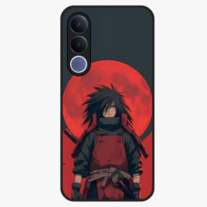 Crimson Moon Warlord Glass Case showing flat back view with mystical moon warrior artwork and glossy glass finish.