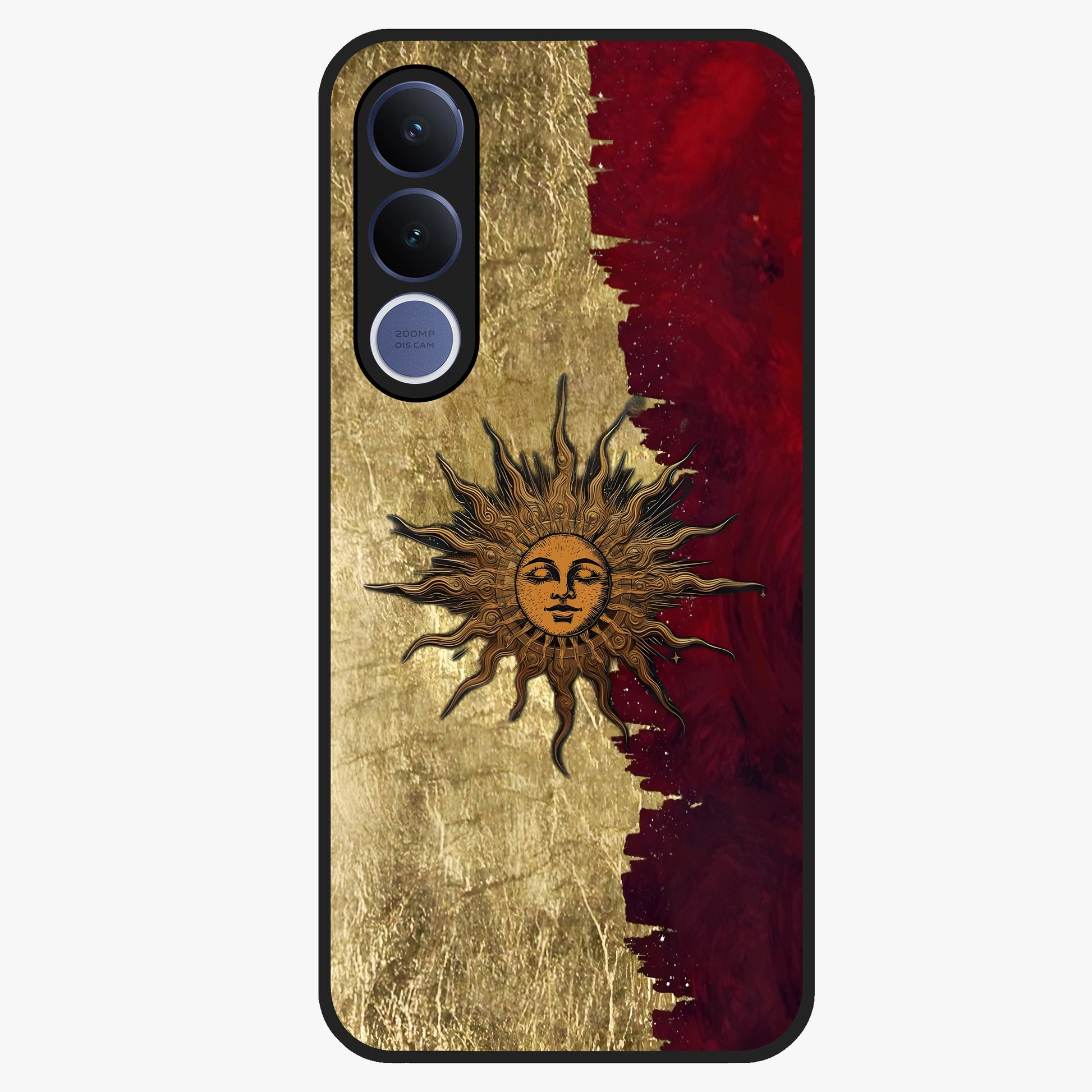 Crimson Sun Majesty Glass Case showing flat back view with radiant sun inspired artwork and glossy glass finish.