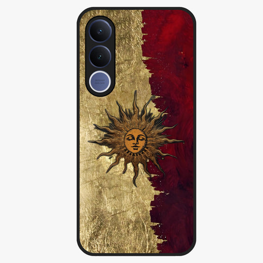 Crimson Sun Majesty Glass Case showing flat back view with radiant sun inspired artwork and glossy glass finish.
