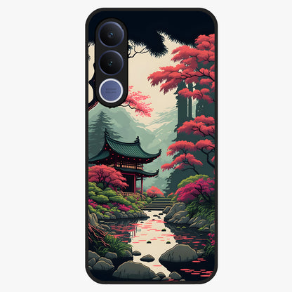 Crimson Temple View Glass Case showing flat back view with temple inspired artwork and glossy glass finish.