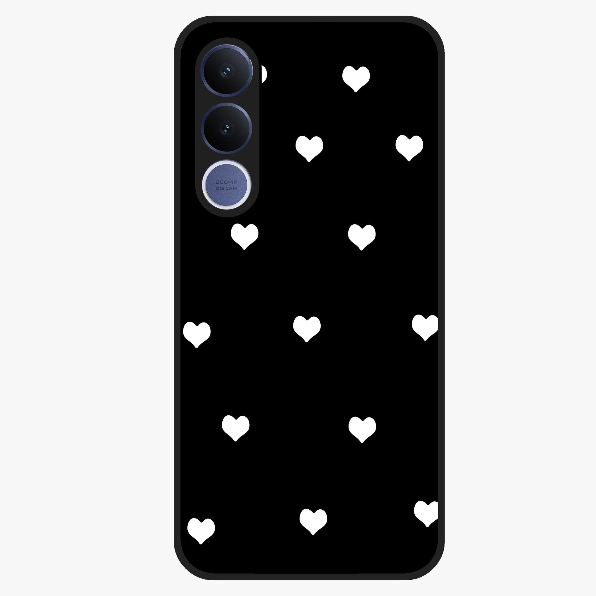 Cute And Simple White Hearts Glass Case showing flat back view with minimal white heart pattern and glossy glass finish.