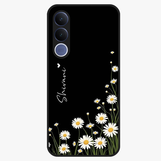 Daisy Cascade Custom Name Glass Case showing flat back view with cascading daisy flowers and personalized name design.
