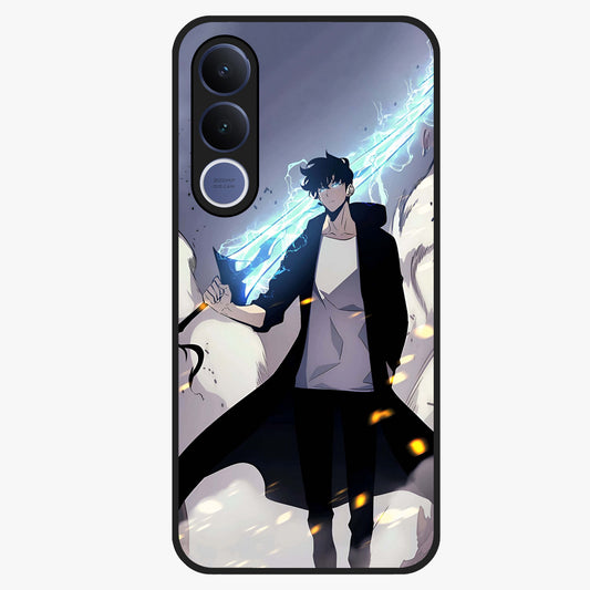 Dark Lightning Anime Warrior Glass Case showing flat back view with intense anime warrior artwork and glossy glass finish.