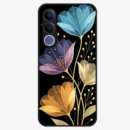 Delicate Multicolor Flowers Glass Case showing flat back view with vibrant floral artwork and glossy glass finish.