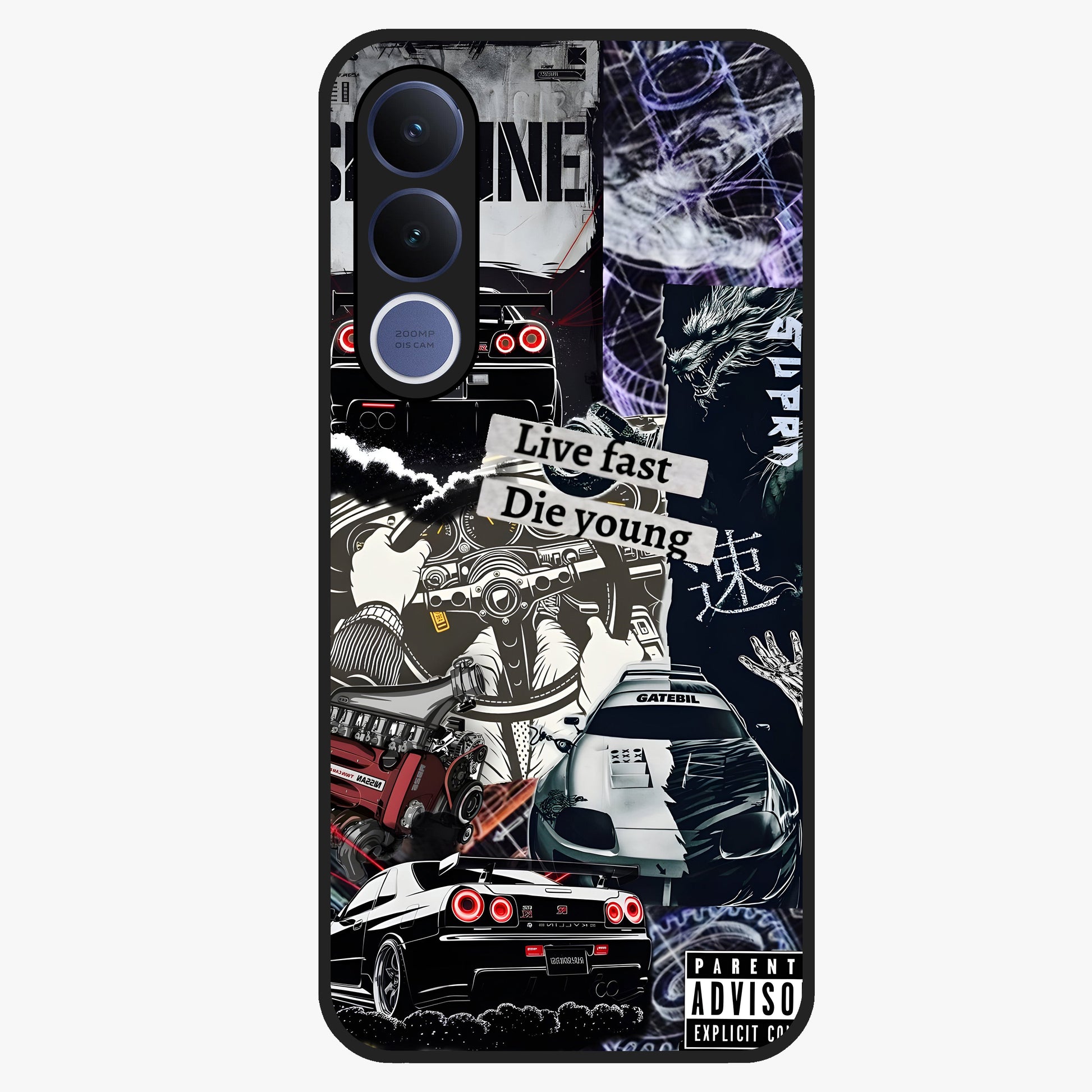 Die Young Glass Case showing flat back view with bold artistic typography design and glossy glass finish.