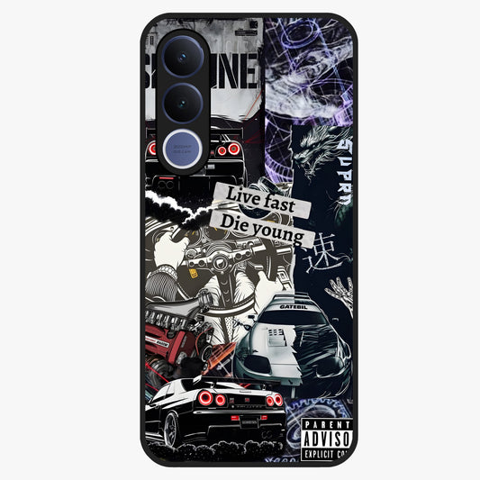 Die Young Glass Case showing flat back view with bold artistic typography design and glossy glass finish.