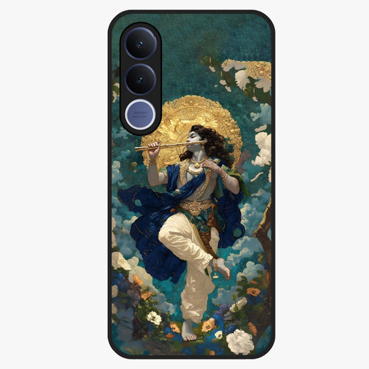 Divine Krishna Art Glass Case showing flat back view with Lord Krishna artwork and glossy glass finish.