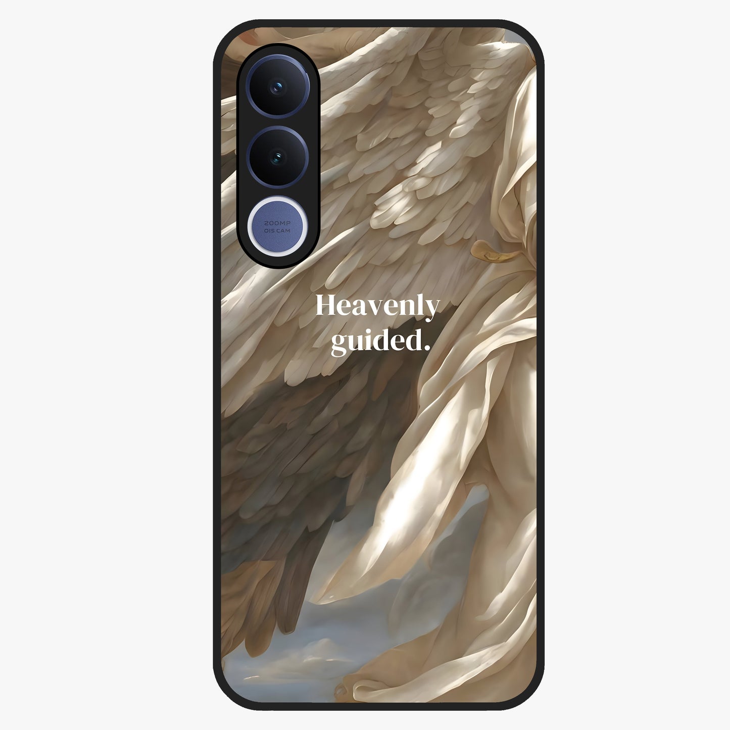 Divine Winged Grace Glass Case showing flat back view with elegant wing inspired artwork and glossy glass finish.