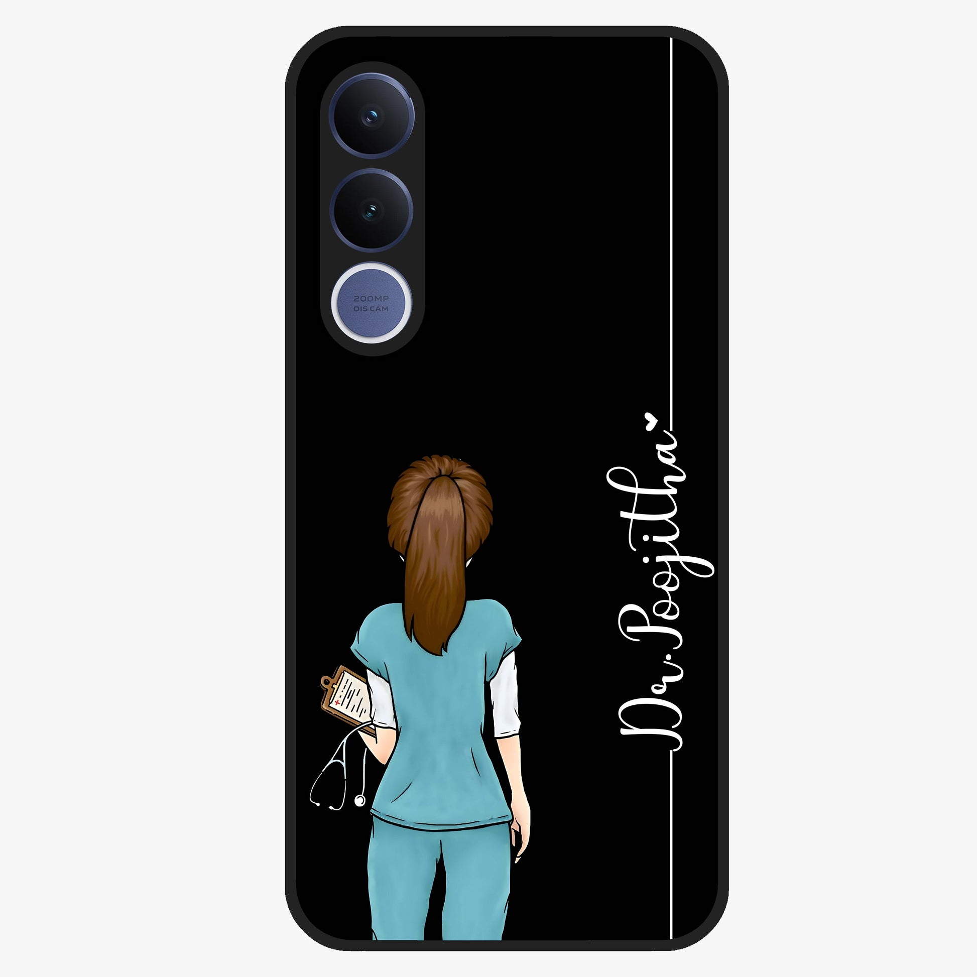 Doctor Pattern Custom Name Glass Case showing flat back view with medical themed pattern and personalized name design.