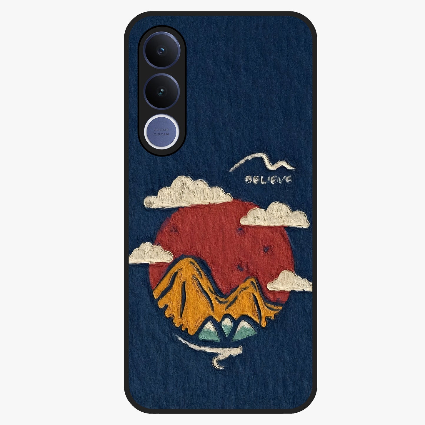 Dream Beyond Mountains Glass Case showing flat back view with scenic mountain landscape artwork and glossy glass finish.