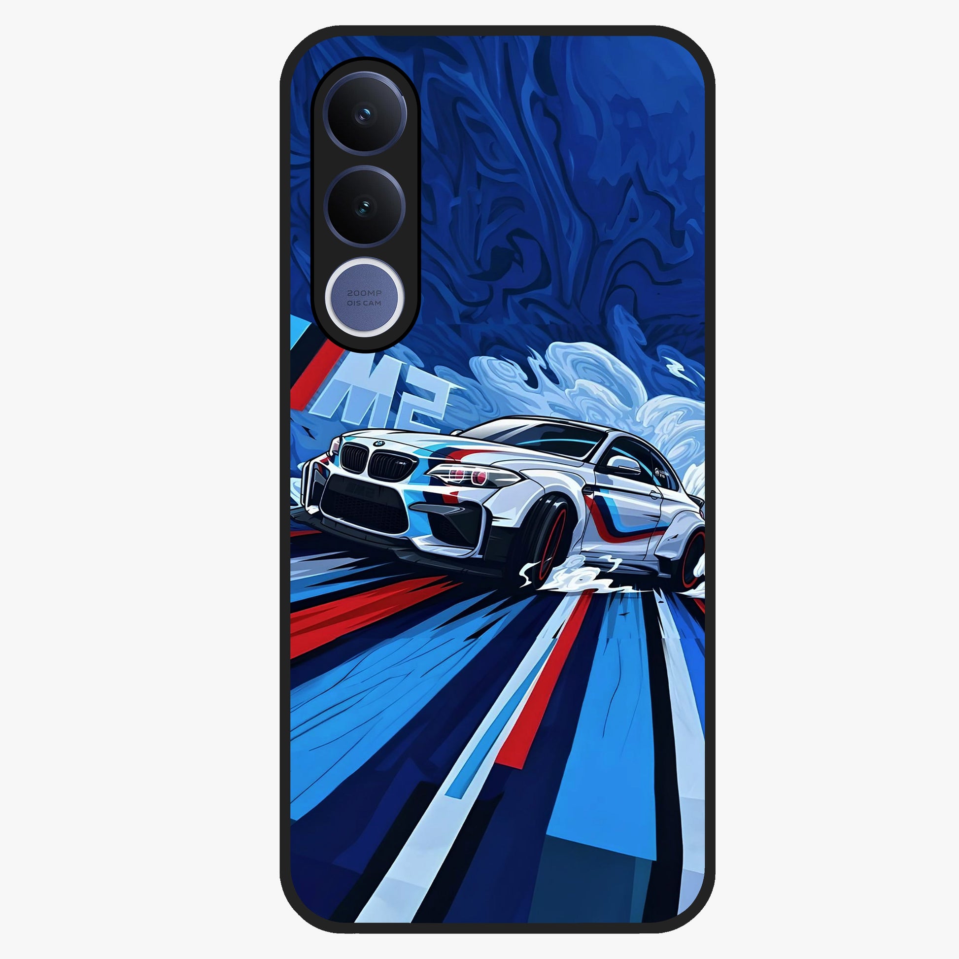 Drift Power Rush Glass Case showing flat back view with dynamic racing inspired artwork and glossy glass finish.