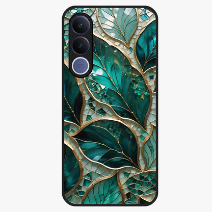 Emerald Leaf Glass Glass Case showing flat back view with emerald green leaf artwork and glossy glass finish.