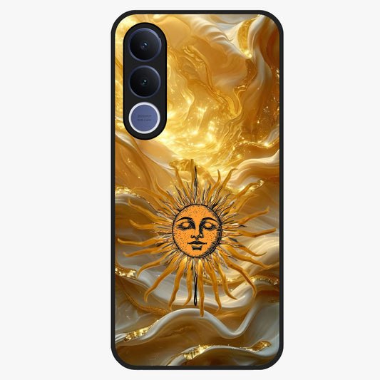 Eternal Golden Glow Glass Case showing flat back view with radiant golden themed artwork and glossy glass finish.