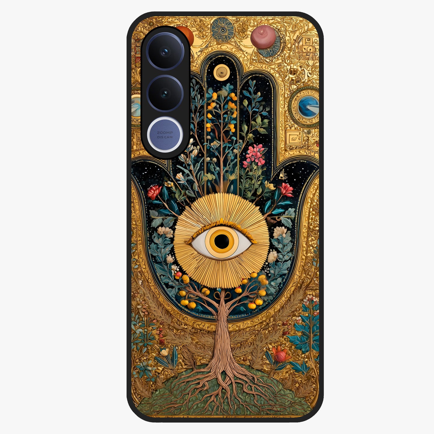 Ethereal Evil Eye Glass Case showing flat back view with mystical evil eye artwork and glossy glass finish.