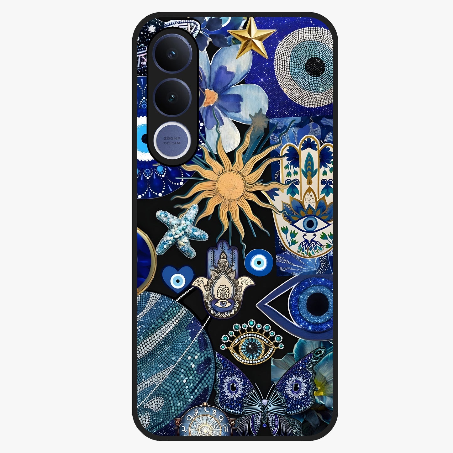 Evil Eye Charm Mix Glass Case showing flat back view with multiple evil eye charms artwork and glossy glass finish.