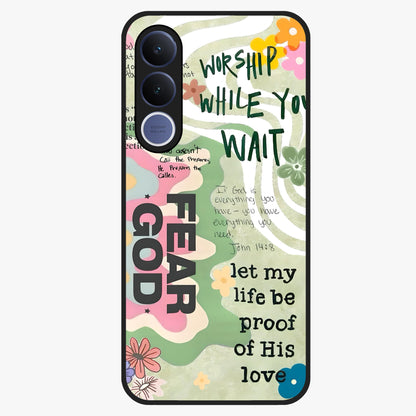 Faith Over Fear Glass Case showing flat back view with motivational typography artwork and glossy glass finish.
