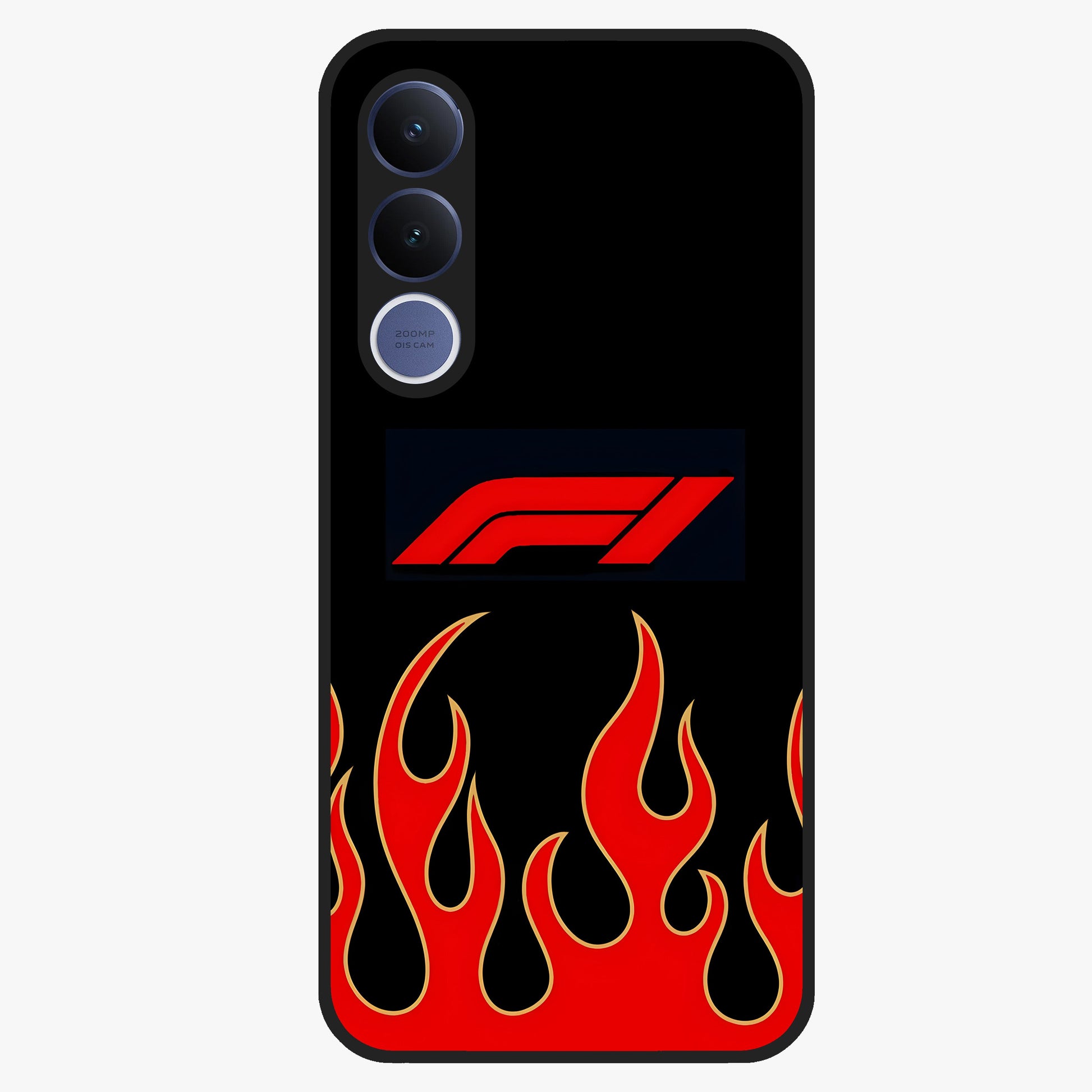 Fire F11 Glass Case showing flat back view with fiery themed artwork and glossy glass finish.