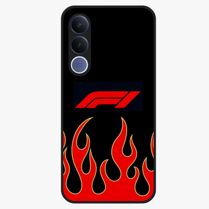 Fire F11 Glass Case showing flat back view with fiery themed artwork and glossy glass finish.