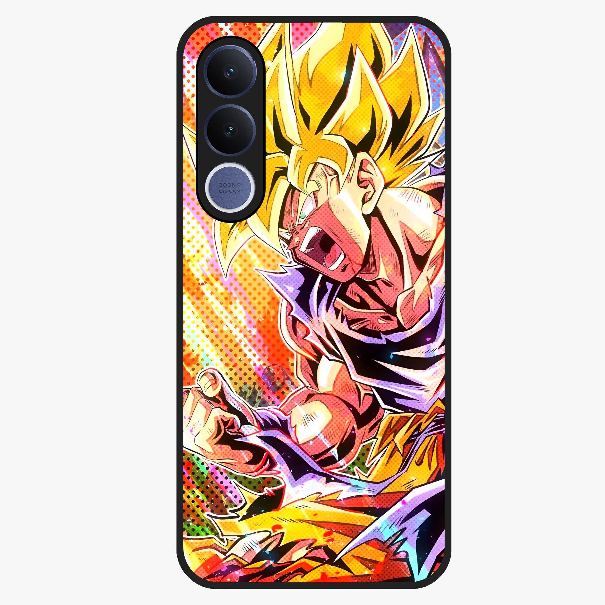 Firing Goku Glass Case showing flat back view with powerful anime inspired artwork and glossy glass finish.